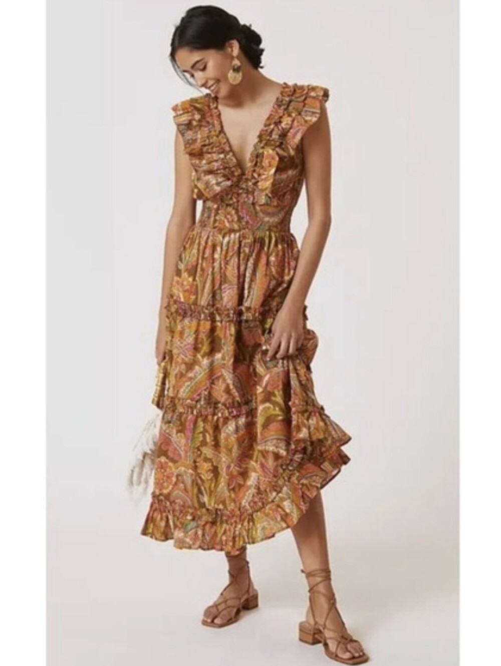 Love the Label Topanga Floral Paisley Print Ruffle Tiered Open Back Dress XS